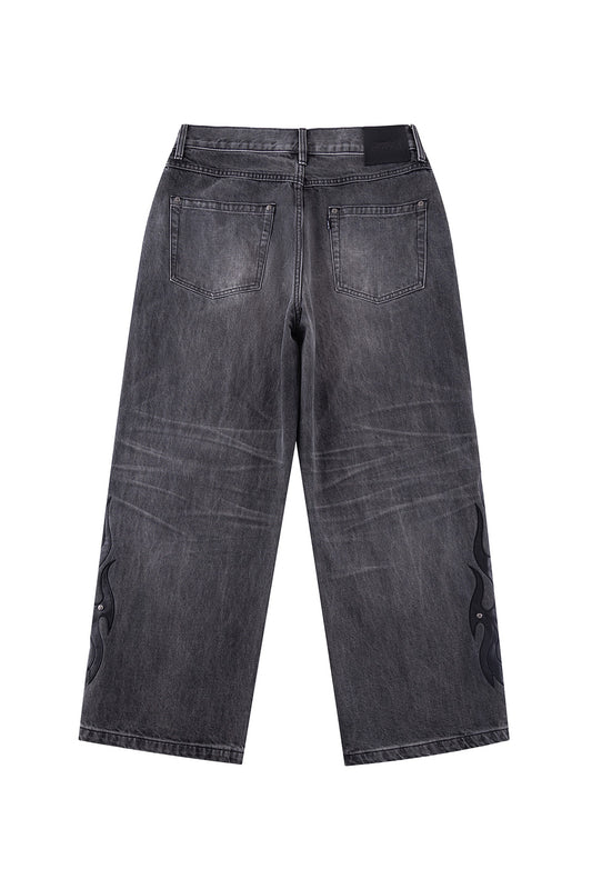 Fire Tribal Leather Patch Baggy Denim