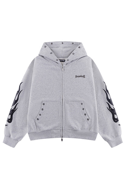 Fire Tribal Leather Patch Zip Hoodie