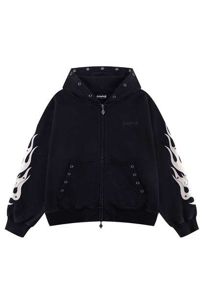 Fire Tribal Leather Patch Zip Hoodie
