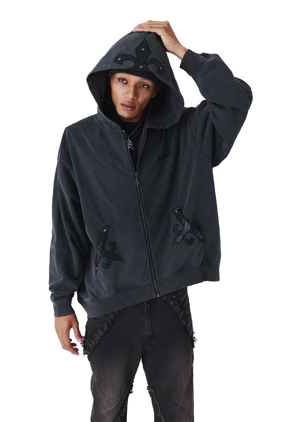 Fleur Leather Patch Zip Hoodie