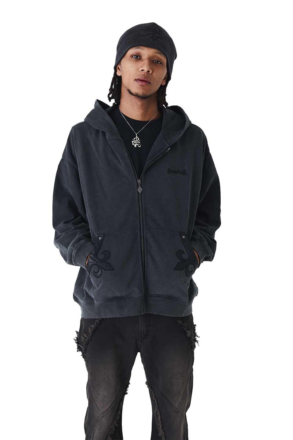 Fleur Leather Patch Zip Hoodie