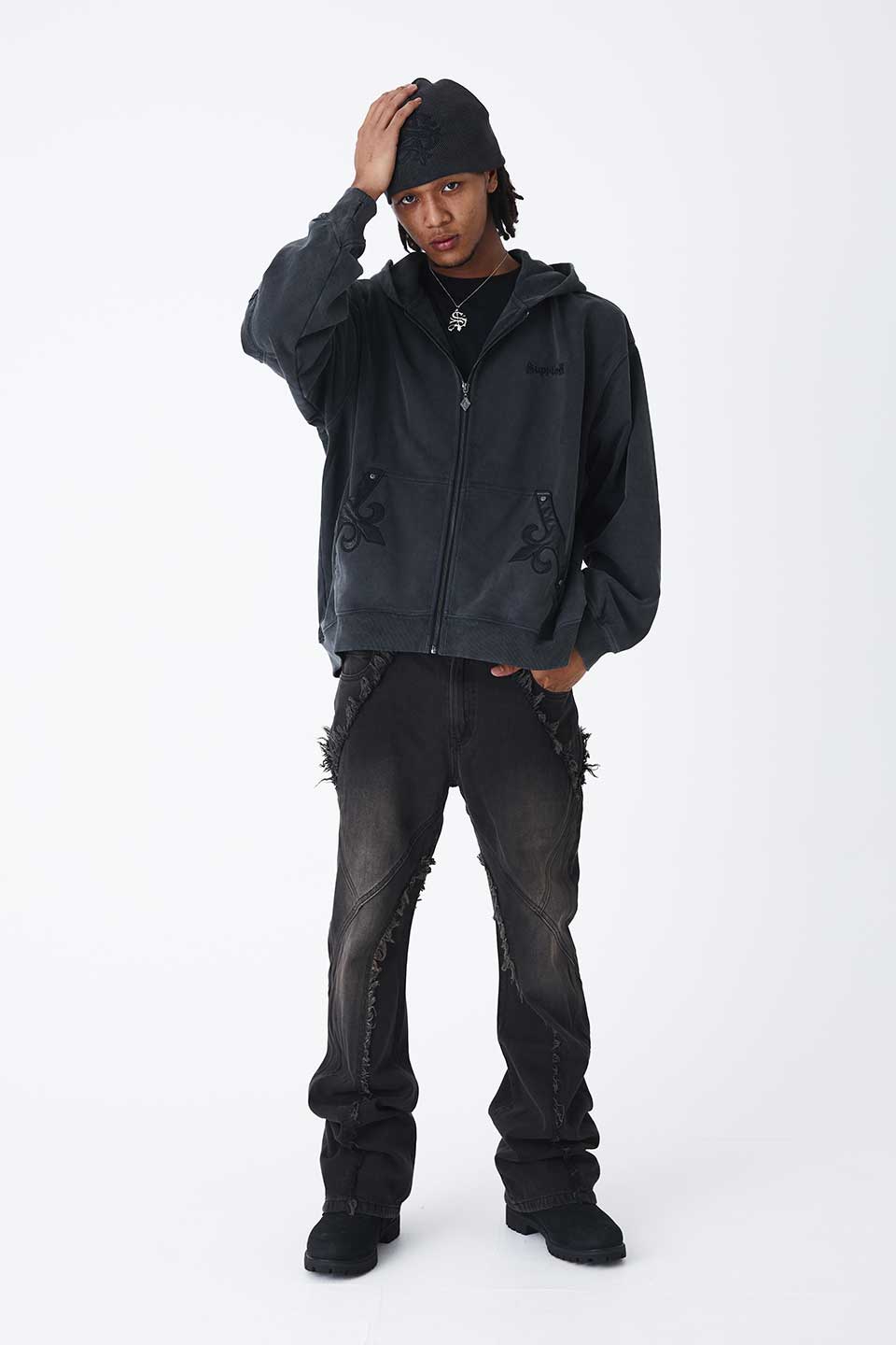 Fleur Leather Patch Zip Hoodie