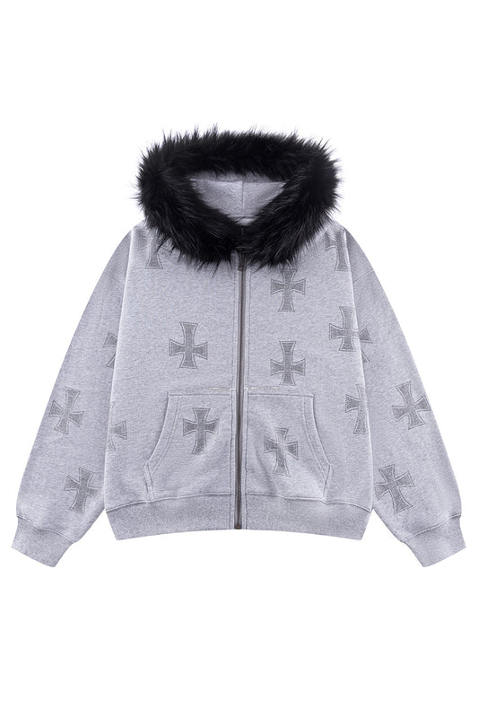 Grey X Black Allover Cross Faux Fur Rhinestone Zip Hoodie