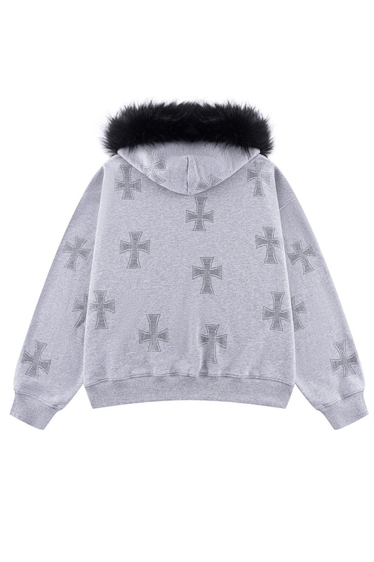 Grey X Black Allover Cross Faux Fur Rhinestone Zip Hoodie
