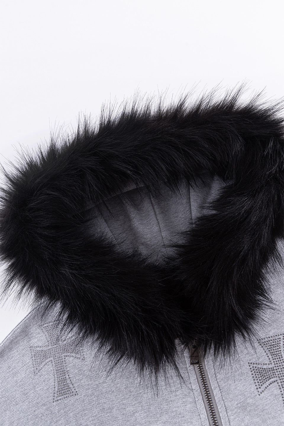Grey X Black Allover Cross Faux Fur Rhinestone Zip Hoodie