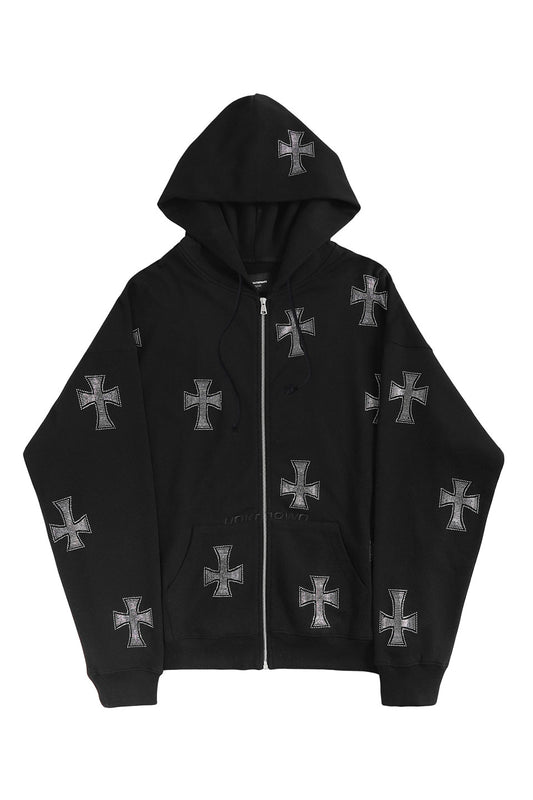 Black x Silver Rhinestone Cross Zip Hoodie