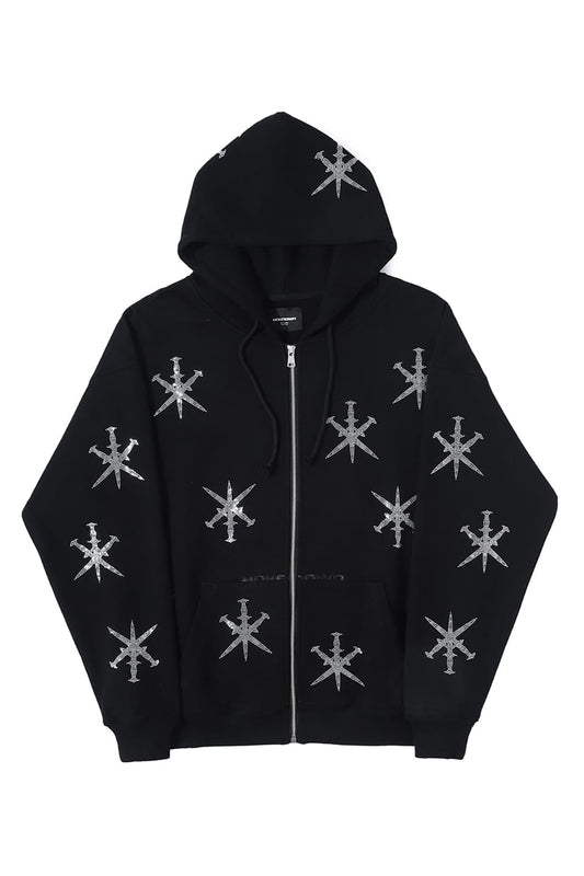 Black x Silver Rhinestone Dagger Zip Hoodie