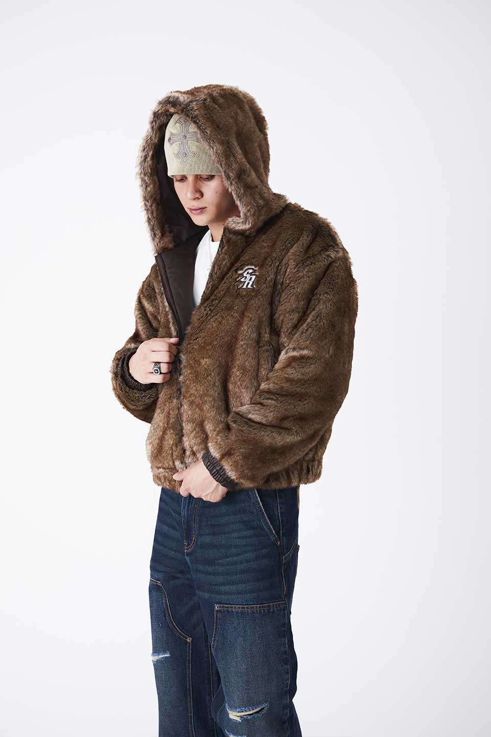 Iron Logo Faux Fur Hood Blouson