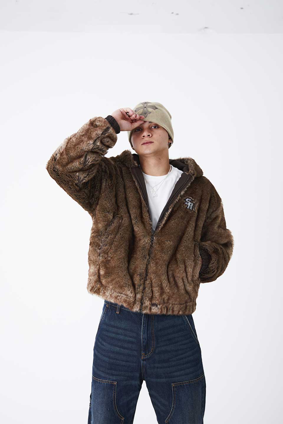 Iron Logo Faux Fur Hood Blouson