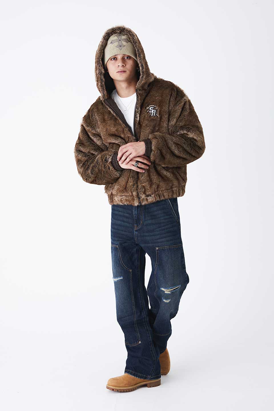 Iron Logo Faux Fur Hood Blouson