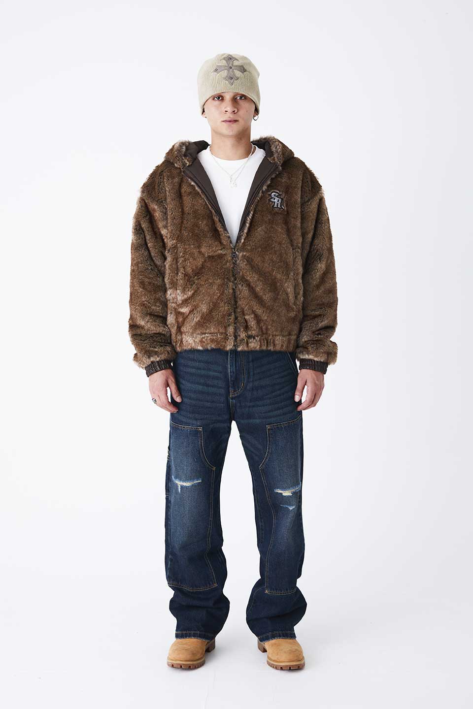 Iron Logo Faux Fur Hood Blouson