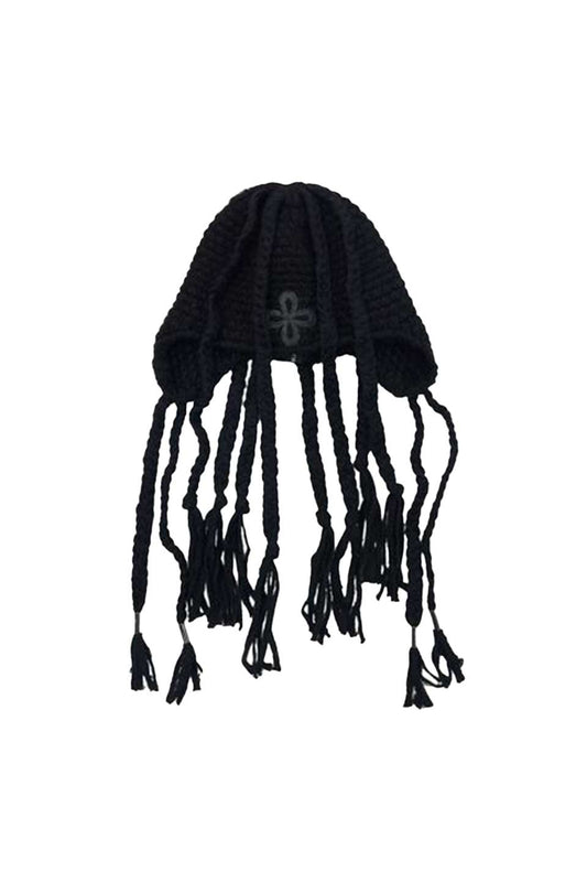 Leather Patch Braids Beanie