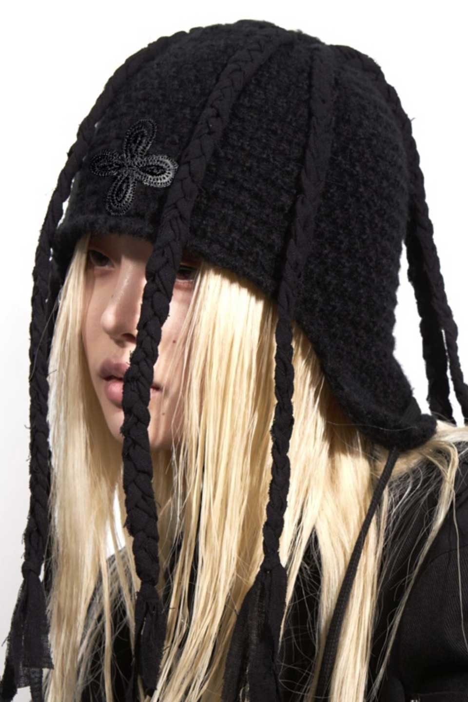 Leather Patch Braids Beanie