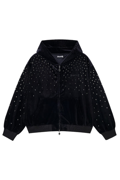 Micro Cross Rhinestone Velour Zip Hoodie