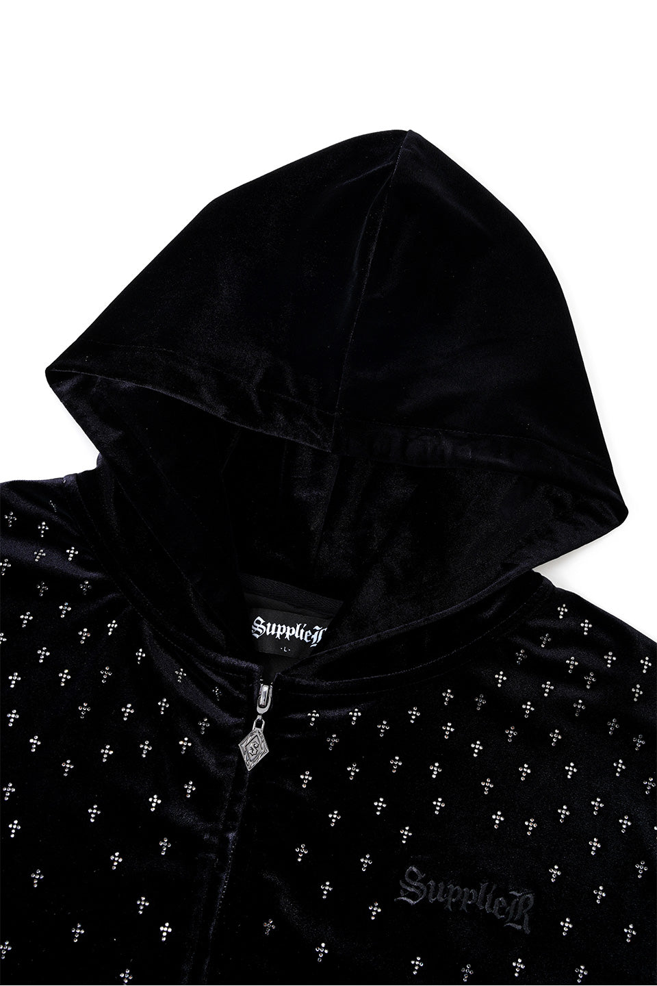 Micro Cross Rhinestone Velour Zip Hoodie