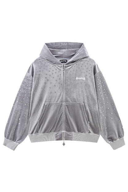 Micro Cross Rhinestone Velour Zip Hoodie