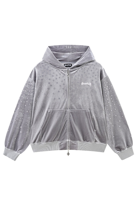 Micro Cross Rhinestone Velour Zip Hoodie