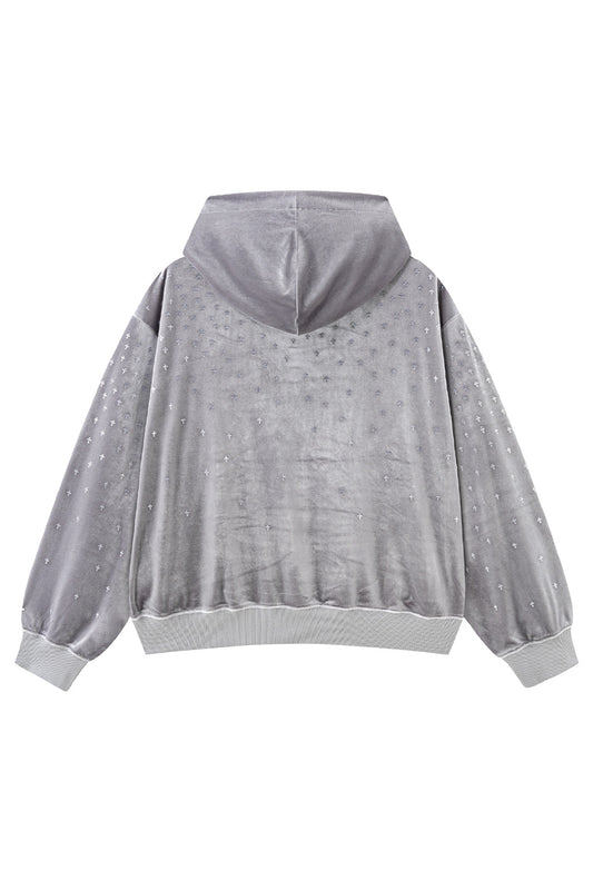 Micro Cross Rhinestone Velour Zip Hoodie