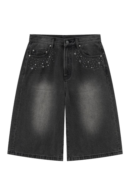 【I don't go to the moon】Moon Rhinestone Baggy Denim Shorts