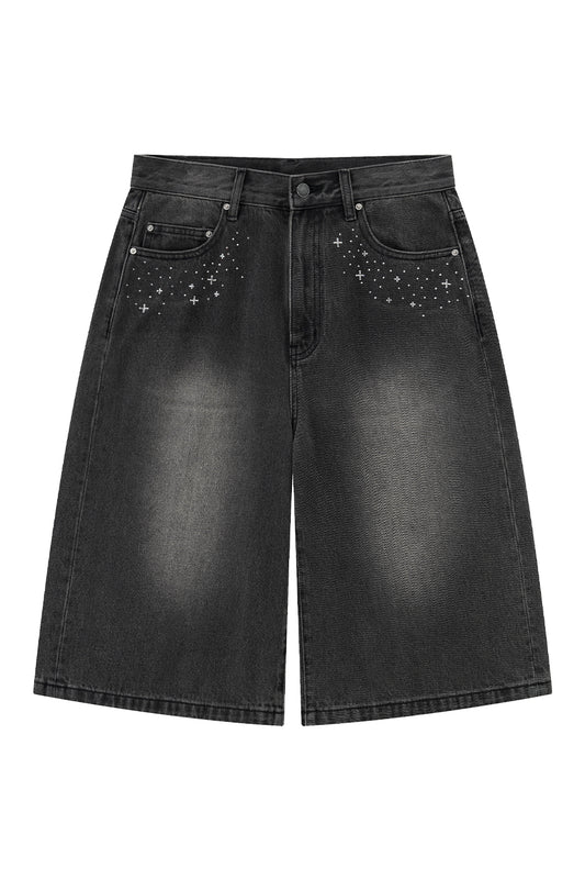 【I don't go to the moon】Moon Rhinestone Baggy Denim Shorts