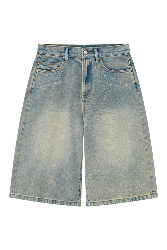【I don't go to the moon】Moon Rhinestone Baggy Denim Shorts