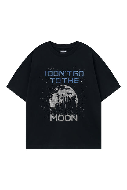 【I don't go to the moon】 Moon Rhinestone Tee - Oversize Fit