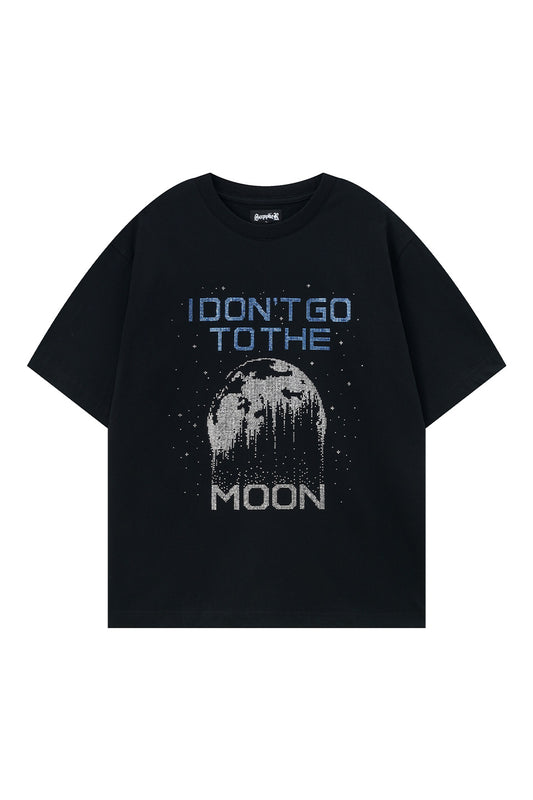 【I don't go to the moon】 Moon Rhinestone Tee - Oversize Fit