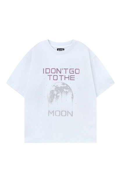 【I don't go to the moon】 Moon Rhinestone Tee - Oversize Fit