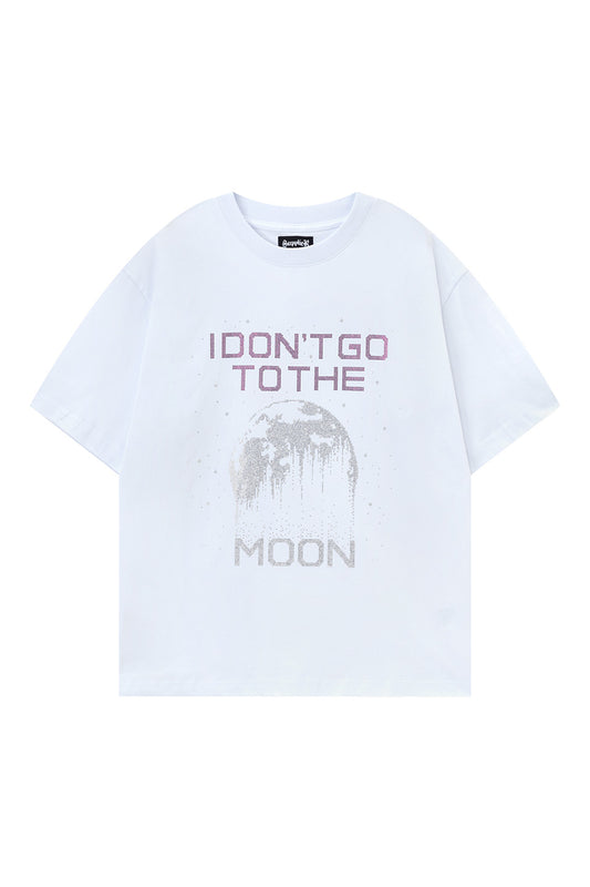 【I don't go to the moon】 Moon Rhinestone Tee - Oversize Fit