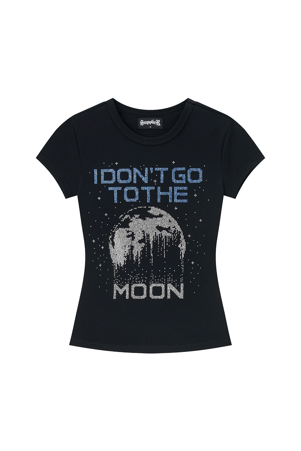 【I don't go to the moon】Moon Rhinestone Tee - Tight Fit - Black&White Set