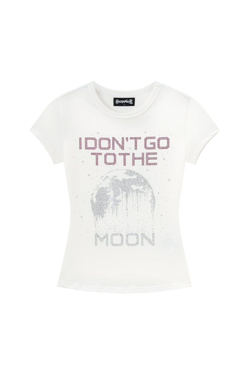 【I don't go to the moon】Moon Rhinestone Tee - Tight Fit - Black&White Set