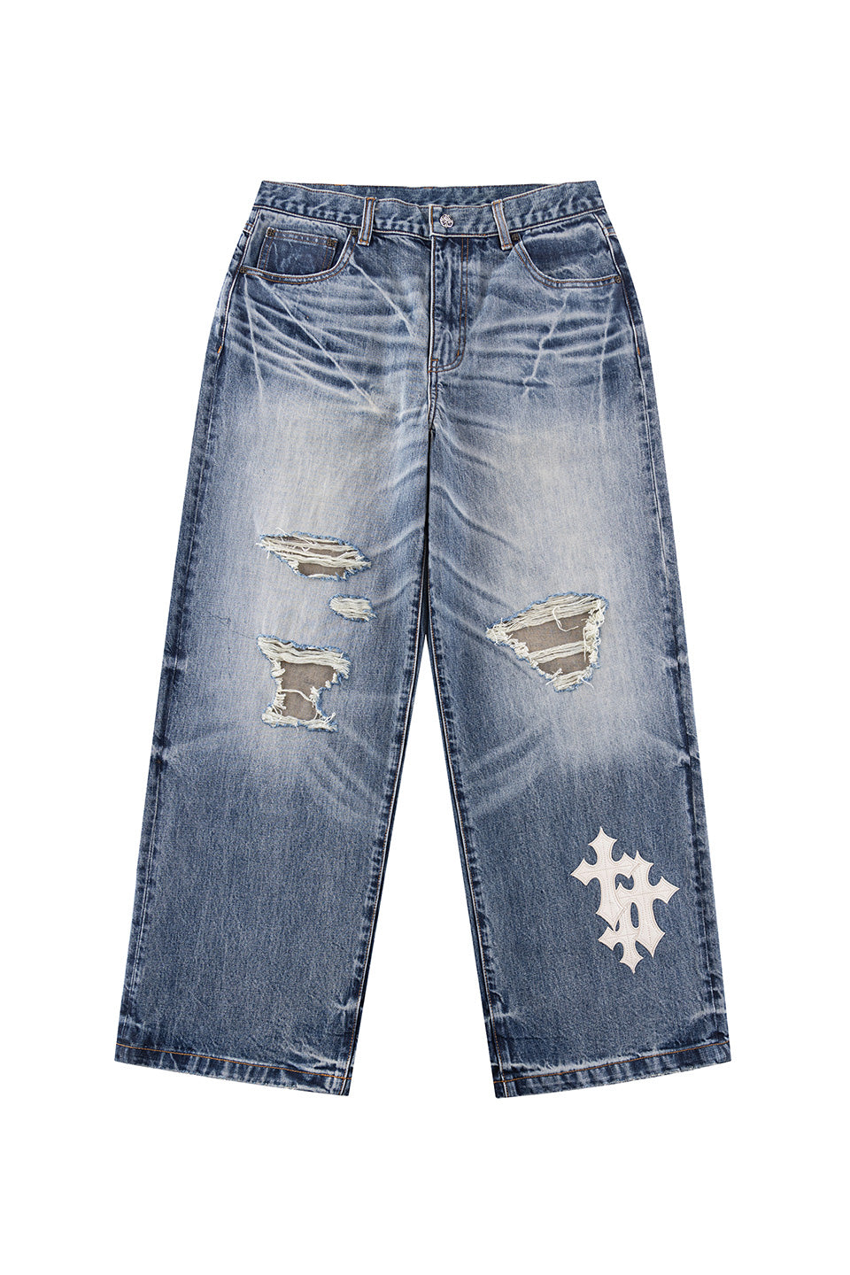 Multiple Cross Leather Patch Baggy Denim