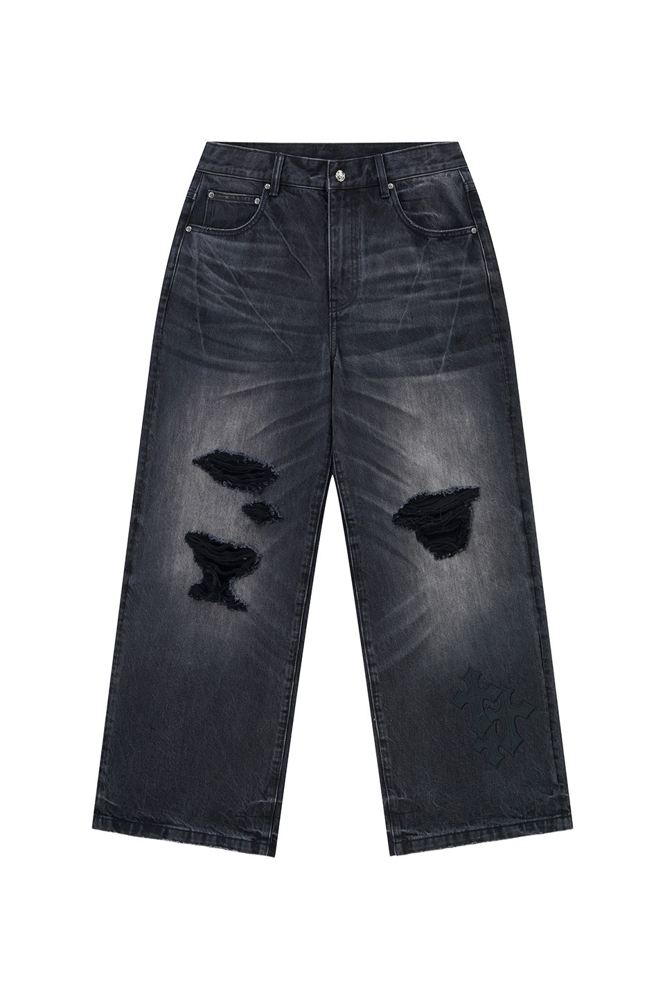 Multiple Cross Leather Patch Baggy Denim