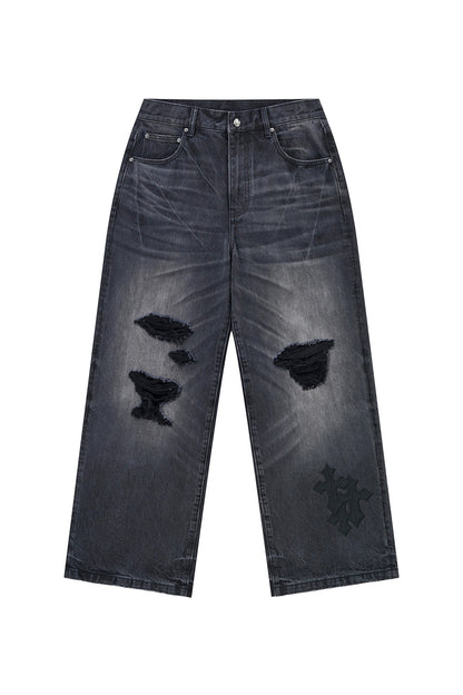 Multiple Cross Leather Patch Baggy Denim