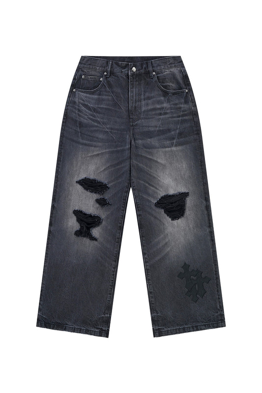 Multiple Cross Leather Patch Baggy Denim