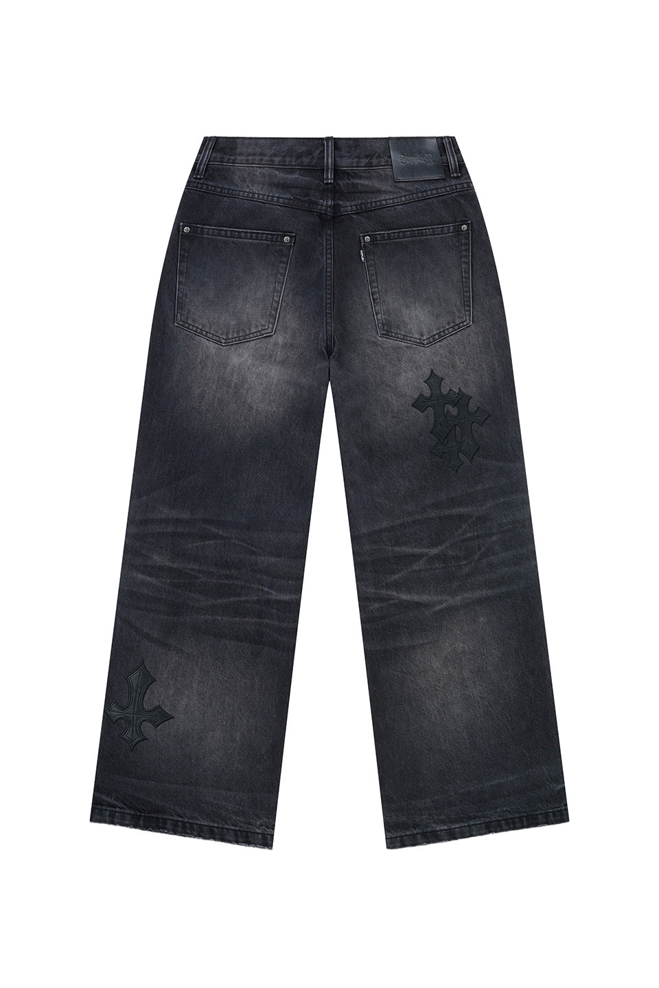 Multiple Cross Leather Patch Baggy Denim