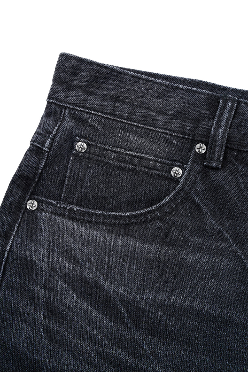 Multiple Cross Leather Patch Baggy Denim