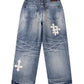 Multiple Cross Leather Patch Baggy Denim