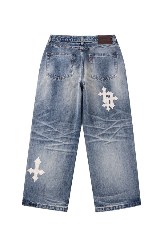 Multiple Cross Leather Patch Baggy Denim