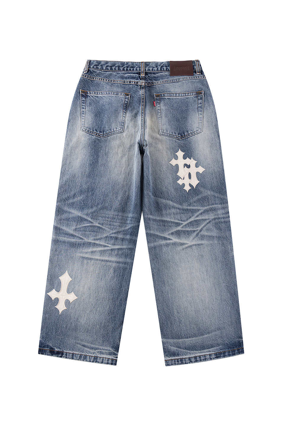Multiple Cross Leather Patch Baggy Denim