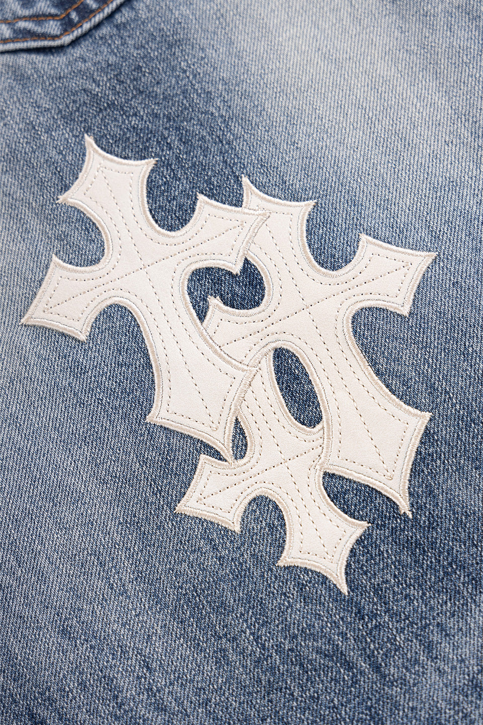 Multiple Cross Leather Patch Baggy Denim