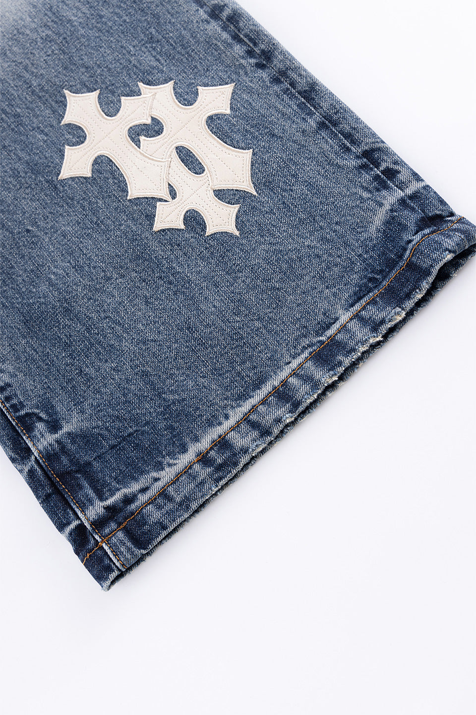 Multiple Cross Leather Patch Baggy Denim