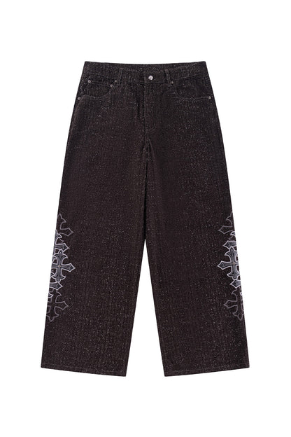 Multiple Cross Leather Patch Baggy Denim