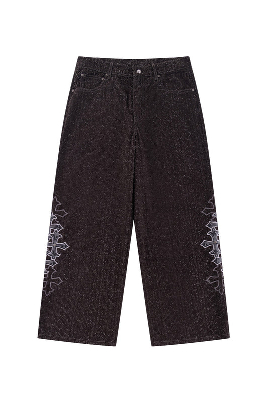 Multiple Cross Leather Patch Baggy Denim