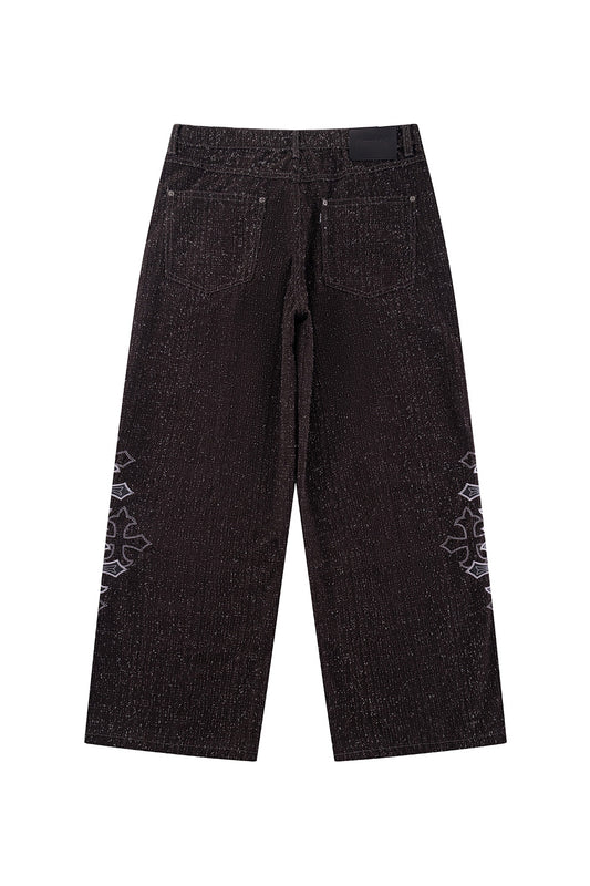 Multiple Cross Leather Patch Baggy Denim