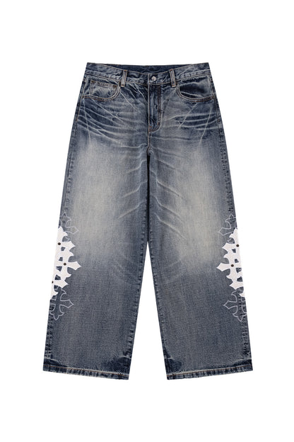 Multiple Cross Leather Patch Baggy Denim