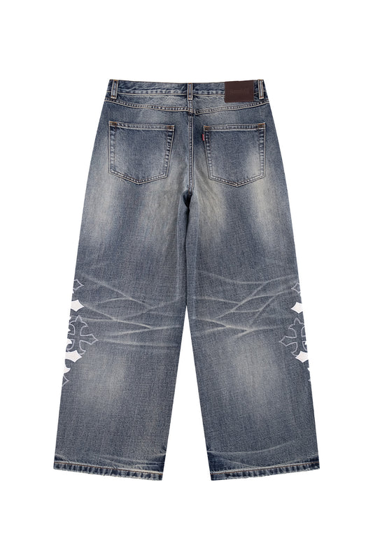 Multiple Cross Leather Patch Baggy Denim