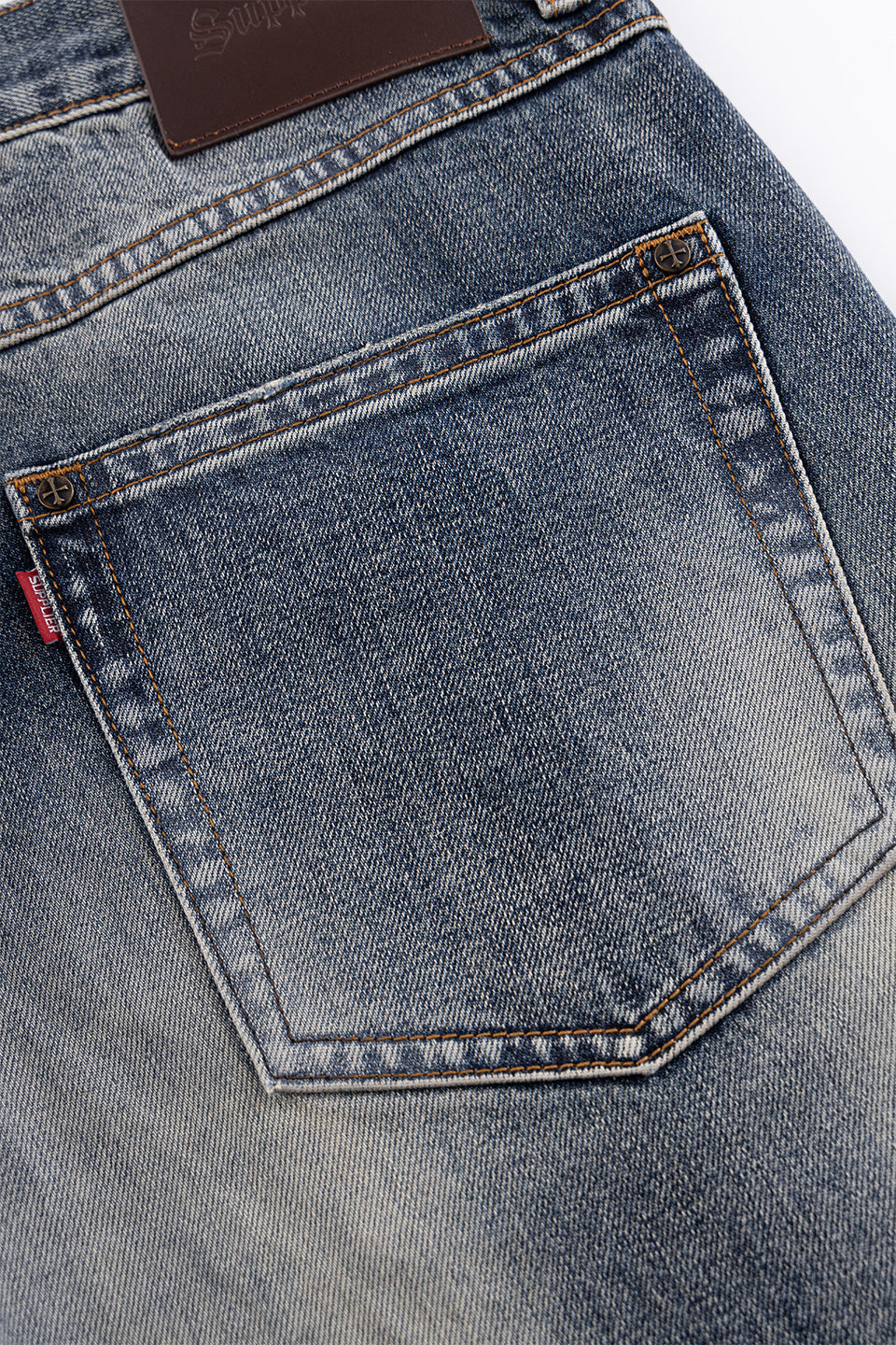 Multiple Cross Leather Patch Baggy Denim
