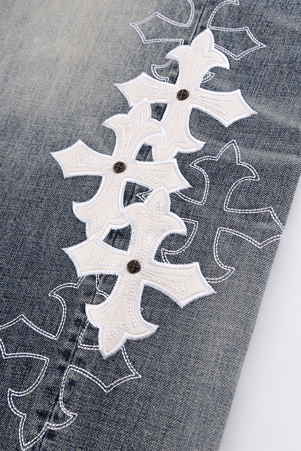 Multiple Cross Leather Patch Baggy Denim