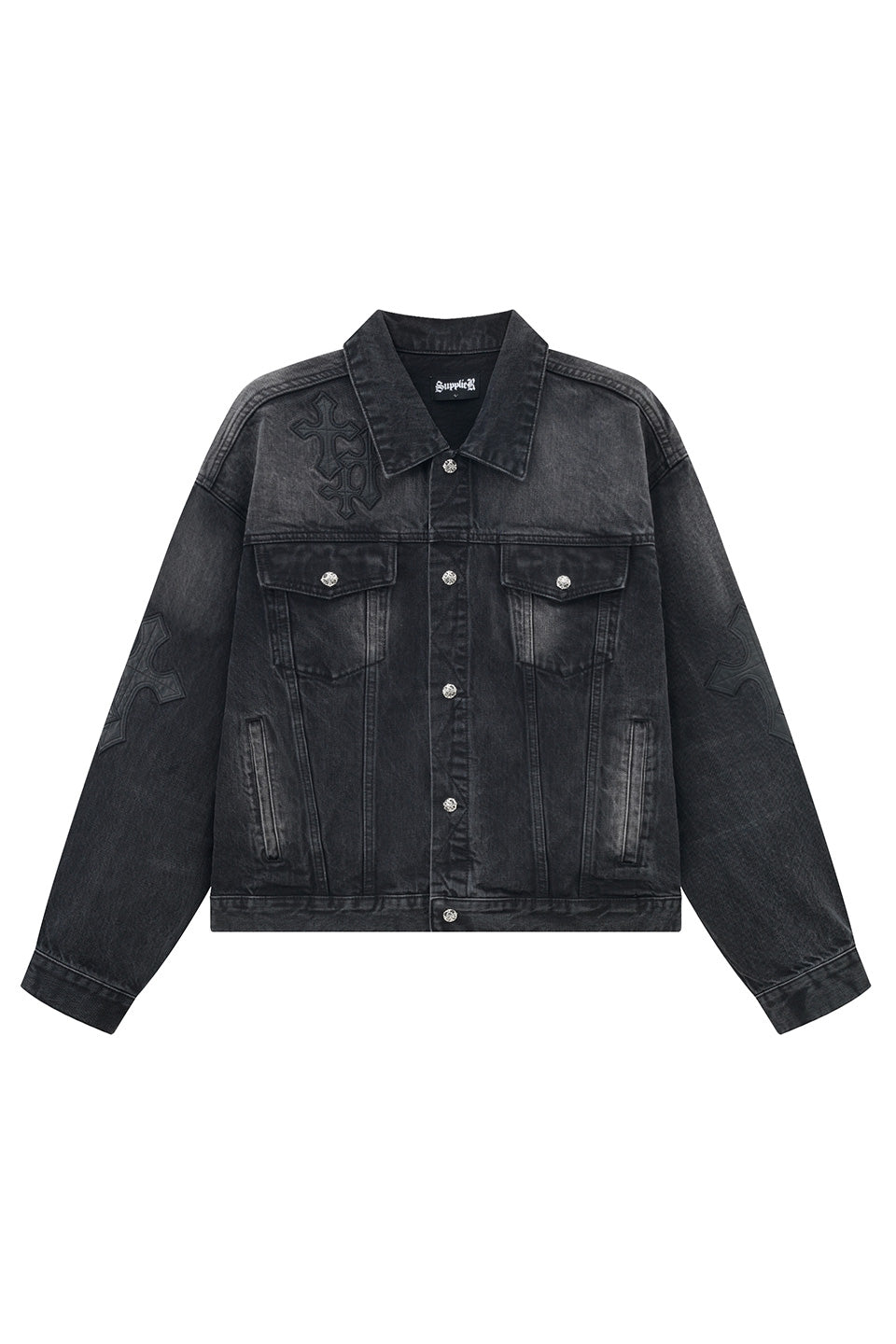 Multiple Cross Leather Patch Denim Jacket